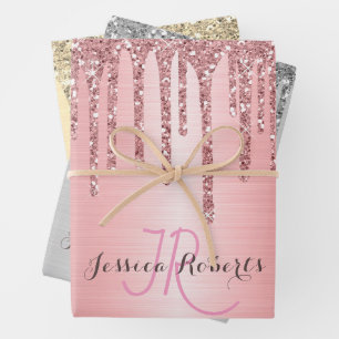 Hoja De Papel De Regalo 3 Moda de color Monograma Purpurina Girly