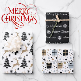 Hoja De Papel De Regalo 3 Navidades de renos blancos negros coordinadores 
