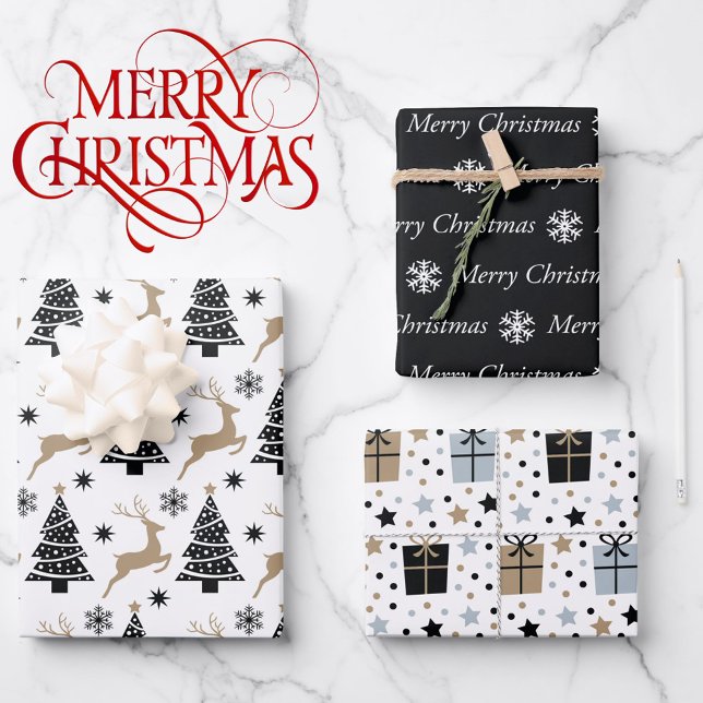 Hoja De Papel De Regalo 3 Navidades de renos blancos negros coordinadores  (Subido por el creador)