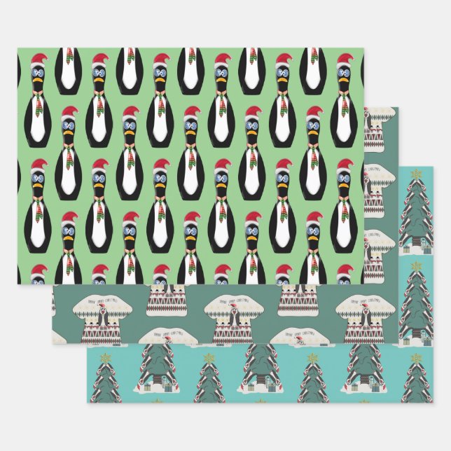 Hoja De Papel De Regalo 3 Navidades divertidos de pingüino (Set)