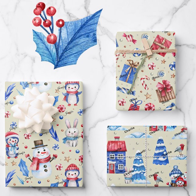 Hoja De Papel De Regalo 3 nombres, pingüinos, ratones, conejos, azul, fest (Subido por el creador)