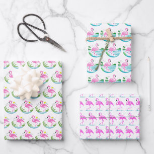 Hoja De Papel De Regalo 3 patrones de flamencos rosados tropicales