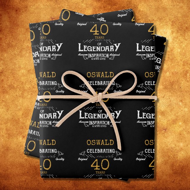 Hoja De Papel De Regalo 40.º cumpleaños Black Gold Legendario Retro (40th Birthday Black Gold Legendary Retro Wrapping Paper Sheets)