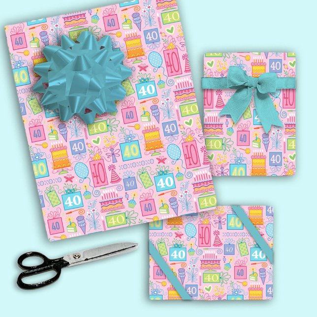 Hoja De Papel De Regalo 40.º Pastel Pastel Rosa presenta globos (Subido por el creador)