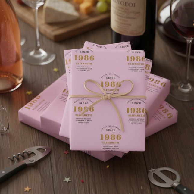 Hoja De Papel De Regalo 40 cumpleaños 1986 Añadir nombre gris rosado (Personalized pink 1986 wrapping paper)