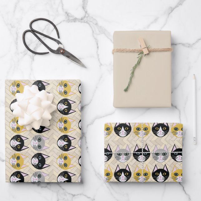 Hoja De Papel De Regalo 4 gatos, Herringbone Beige (Anverso)