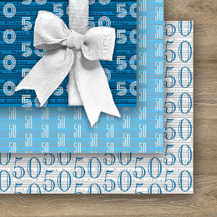 Hoja De Papel De Regalo 50.ª tipografía azul en blanco