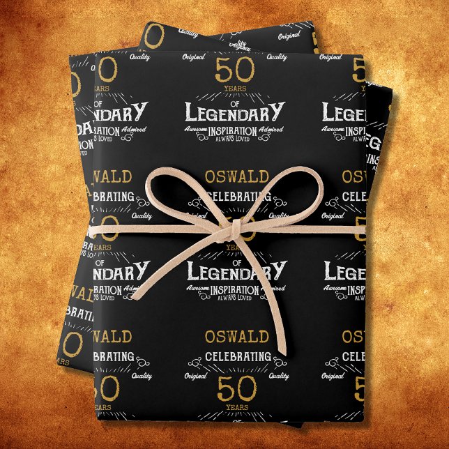 Hoja De Papel De Regalo 50.º cumpleaños Black Gold Legendario Retro (50th Birthday Black Gold Legendary Retro Wrapping Paper Sheets)