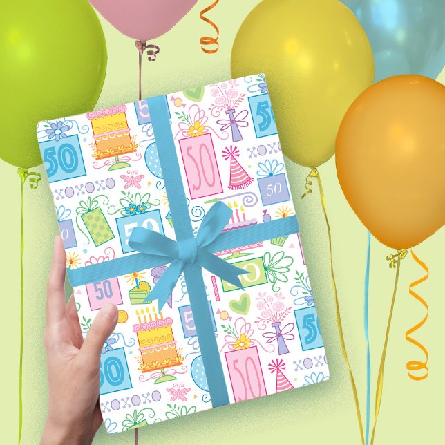 Hoja De Papel De Regalo 50.º Pastel Pastel Rosa presenta globos (Subido por el creador)