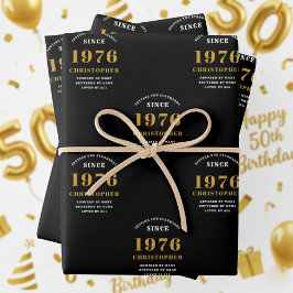 Hoja De Papel De Regalo 50th Birthday born 1976 Add Name Black Gold