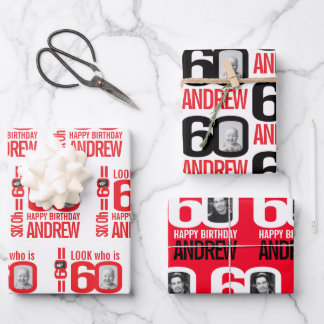 Hoja De Papel De Regalo 60 cumpleaños apariencia blanca roja 60 nombre de 