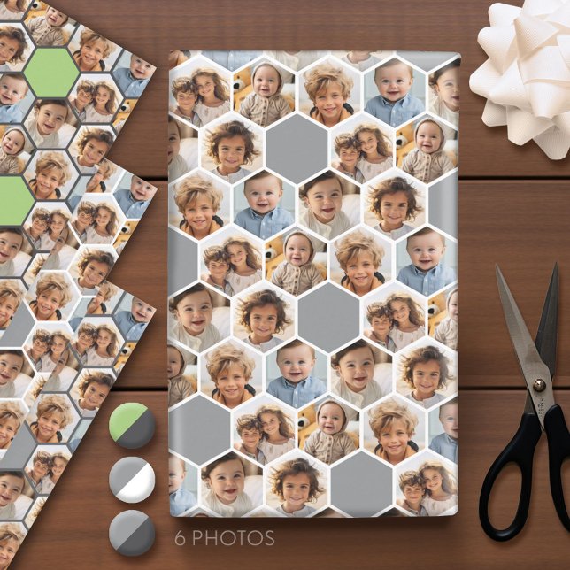 Hoja De Papel De Regalo 6 Collage de fotos - patrón de honeycomb hexagonal (Custom Photo Wrapping Paper - Add a Photo Collage)