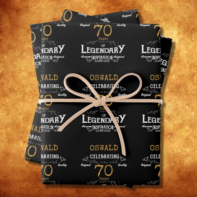 Hoja De Papel De Regalo 70.º cumpleaños Black Gold Legendario Retro (Vintage Black Gold Elegant wrapping paper - Personalized 70th Birthday edition.)