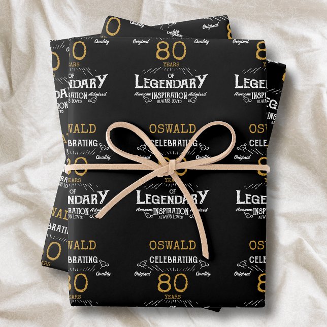 Hoja De Papel De Regalo 80.º cumpleaños Black Gold Legendary Retro (Vintage Black Gold Elegant wrapping paper - Personalized 80th Birthday Celebration )