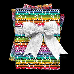 Hoja De Papel De Regalo 80.º cumpleaños de rayas arcoiris