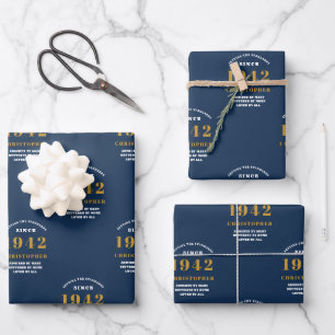 Hoja De Papel De Regalo 80.º Cumpleaños Oro Azul 1942 Para Él Personalizad
