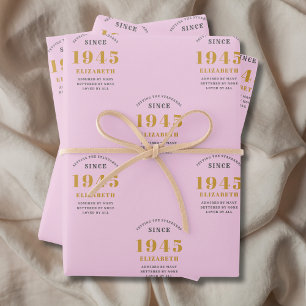 Hoja De Papel De Regalo 80 cumpleaños 1945 Añadir nombre gris rosado