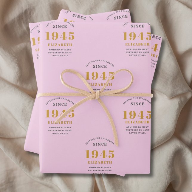 Hoja De Papel De Regalo 80 cumpleaños 1945 Añadir nombre gris rosado (80th birthday personalized pink and gold wrapping paper.)