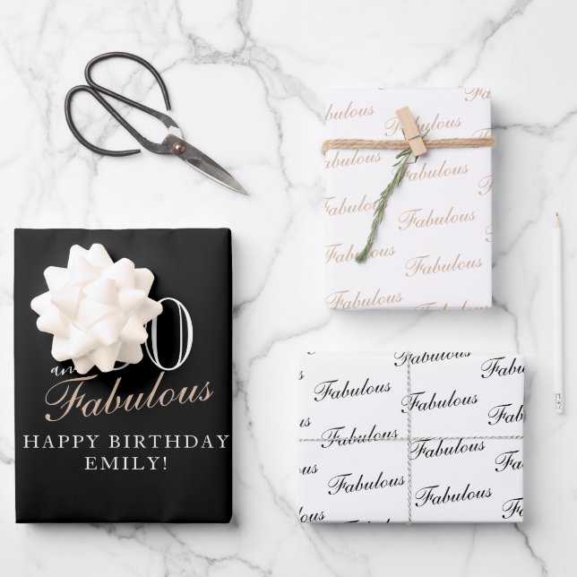 Hoja De Papel De Regalo 80 y fabuloso elegante negro 80 cumpleaños (Anverso)