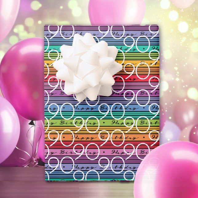 Hoja De Papel De Regalo 90.º cumpleaños de rayas arcoiris (Subido por el creador)