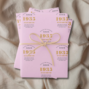 Hoja De Papel De Regalo 90 cumpleaños 1935 Añadir nombre gris rosado