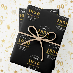 Hoja De Papel De Regalo 90 cumpleaños nacido en 1936 Agregar nombre negro 