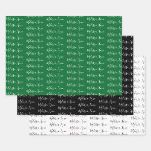 Hoja De Papel De Regalo A Su Nombre Mod Letra A Mano Blanca, Verde & Negro