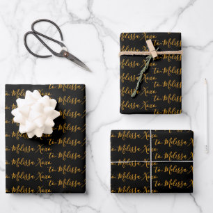 Hoja De Papel De Regalo A tu nombre escritura a mano moderna en negro y or
