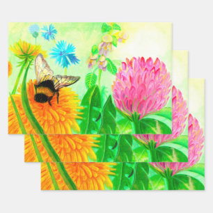 Hoja De Papel De Regalo Abeja con burbujas en un Ilustracion de flores de 