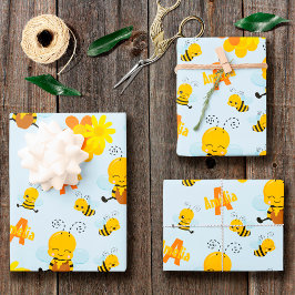 Hoja De Papel De Regalo Abeja de burbuja feliz con flores niño pequeño
