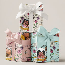 Hoja De Papel De Regalo Abeja de la Reina Floral, corona de oro, flores y 