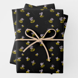 Hoja De Papel De Regalo Abejas divertidas y divertidas sobre negro