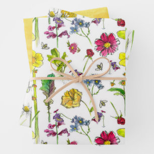Hoja De Papel De Regalo Abejas Mariposas Botánicas Manzanilla Flores Silve