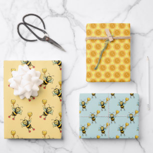 Hoja De Papel De Regalo Abejas melíferas con patrón de corazón y panal