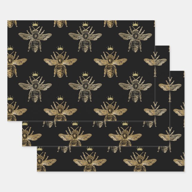 Hoja De Papel De Regalo Abejas reina de oro en negro (Set)