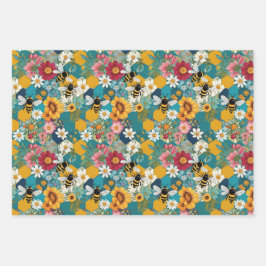 Hoja De Papel De Regalo Abejas y Florales Patrón de Flor de Abeja