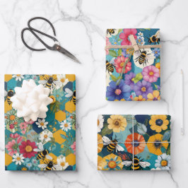 Hoja De Papel De Regalo Abejas y Florales Patrón de Flor de Abeja