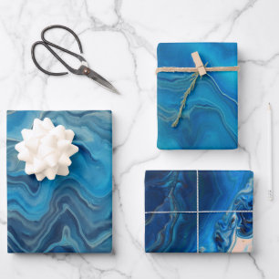 Hoja De Papel De Regalo Abstracción acrílica de mármol blanco cian azul