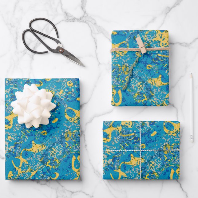 Hoja De Papel De Regalo Abstracción gráfica con manchas azules y amarillas (Anverso)