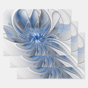 Hoja De Papel De Regalo Abstracto Flor de arte fractal de color gris azul
