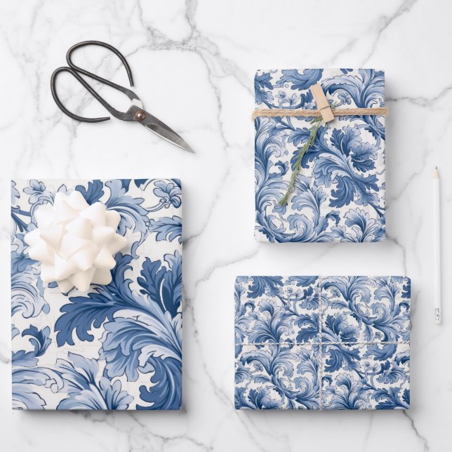 Hoja De Papel De Regalo Acanthus Damask azul y blanco renacentista (Anverso)