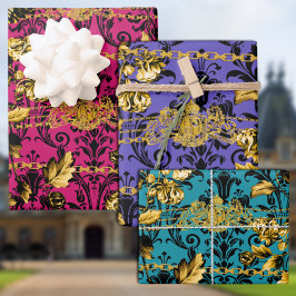 Hoja De Papel De Regalo Acanthus Hoja Negro y Dorado Cadenas de Oro Lujo P