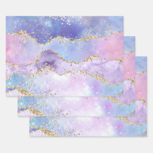 Hoja De Papel De Regalo Acuarela Agate Gold Purpurina Pink Purple Blue