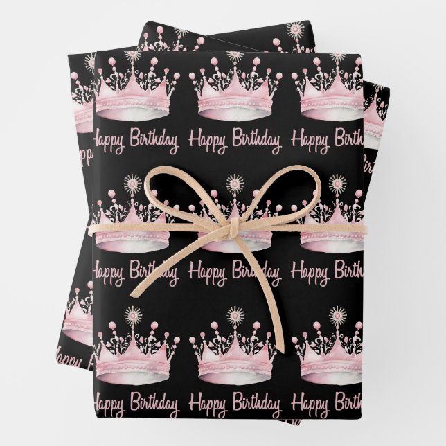 Hoja De Papel De Regalo Acuarela Crown rosa Feliz cumpleaños (In situ)