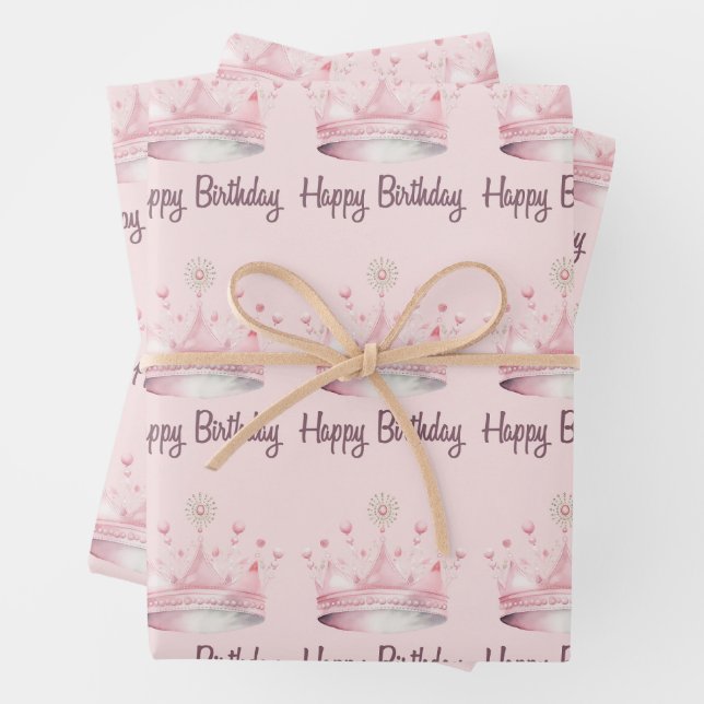 Hoja De Papel De Regalo Acuarela Crown rosa Feliz cumpleaños (In situ)