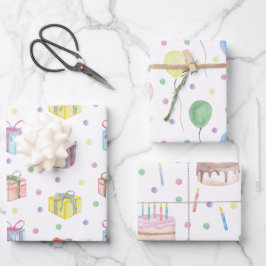 Hoja De Papel De Regalo Acuarela Cumpleaños Presente Globos Pastel Confett