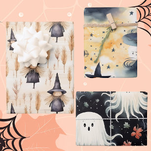 Hoja De Papel De Regalo Acuarela de Halloween, brujas, fantasmas