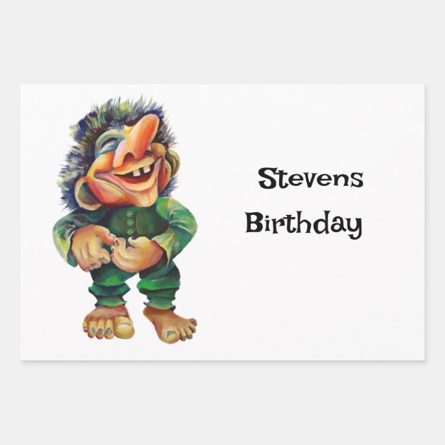 Hoja De Papel De Regalo Acuarela de Ilustracion de Troll divertida en Esca (Anverso)