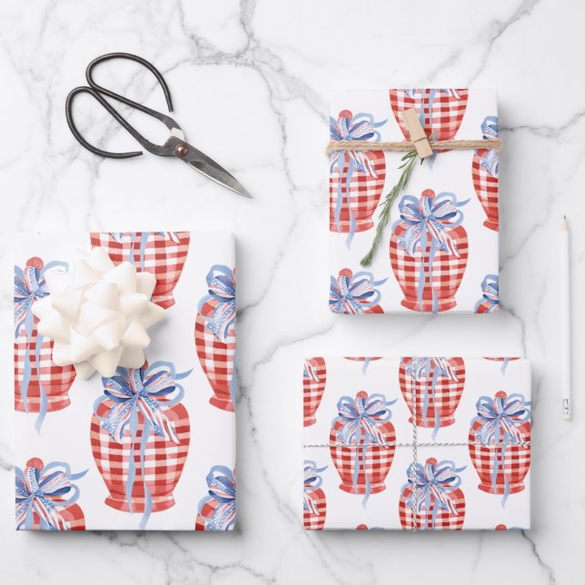 Hoja De Papel De Regalo Acuarela de jengibre patriótico rojo blanco y azul (Anverso)