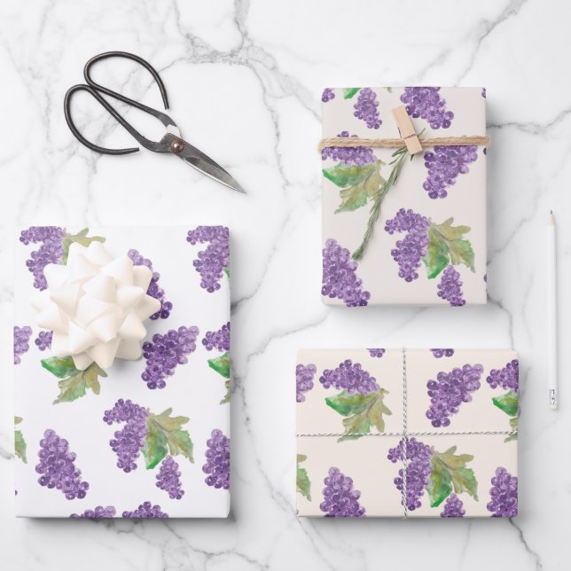 Hoja De Papel De Regalo Acuarela de uva morada pintada a mano (Anverso)